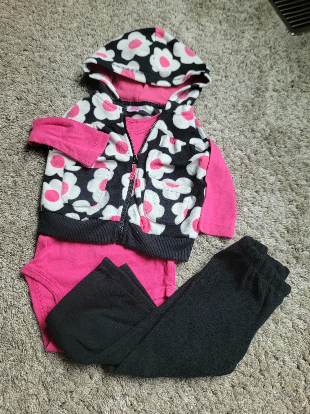 Carter's Black White and Pink Floral Hooded Vest Set 12 Months